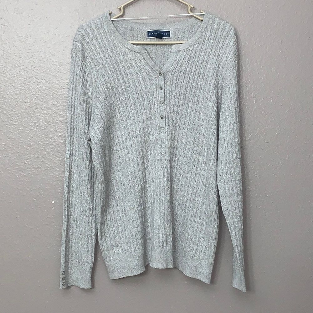 KAREN SCOTT Button V-Neck Long Sleeve Pullover Gray  Knit Sweater 100% cotton XL